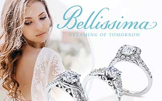 A bride alongside 3 engagement rings with text 'Bellissima, Dreaming of Tomorrow.'
